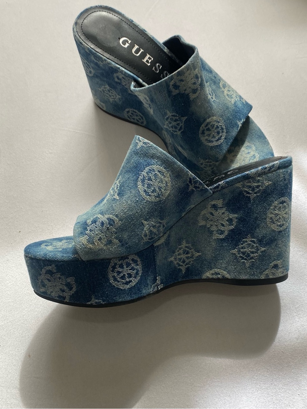 GUESS Denim Logo Print Platform Wedge Sandals - Blue